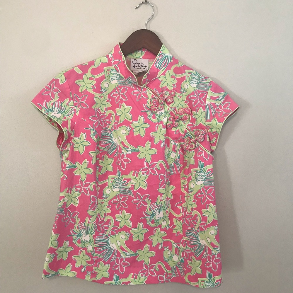 Lilly Pulitzer Pink & Lime Floral Short-Sleeve Mandarin Top